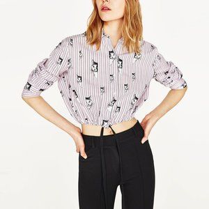 Zara XS Pink Cat Print Crop Button Shirt